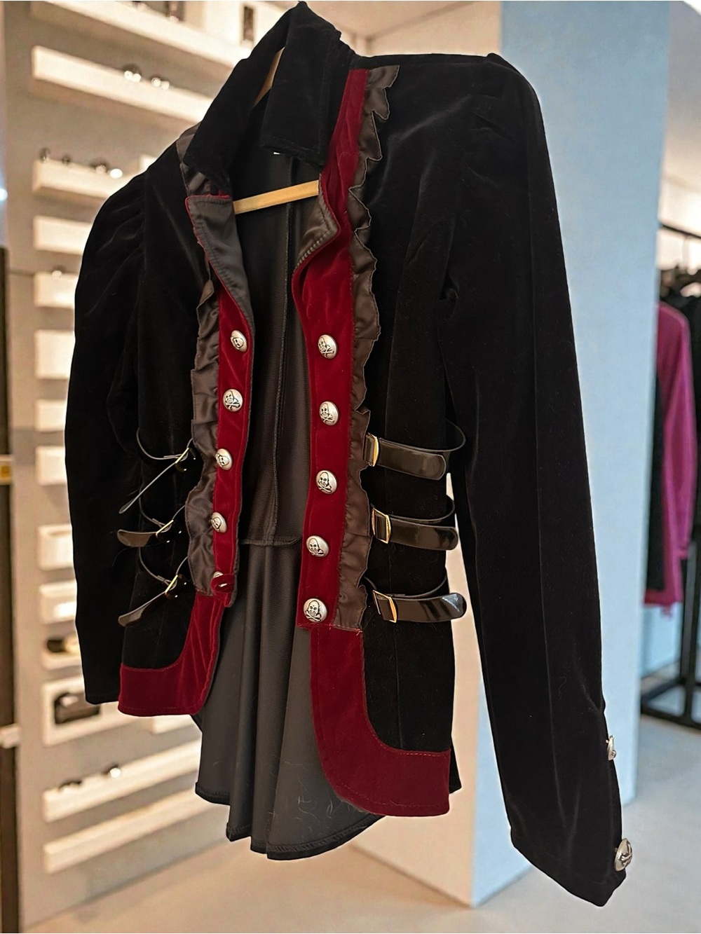 Edgy Victorian-Inspired Velvet Military Jacket - Black & Burgundy